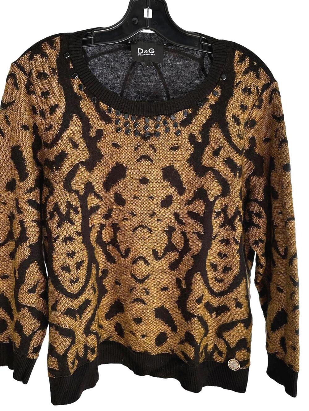 Dolce & Gabbana D&G Women's Sweater Beaded Collar Gold & Black Pattern - L